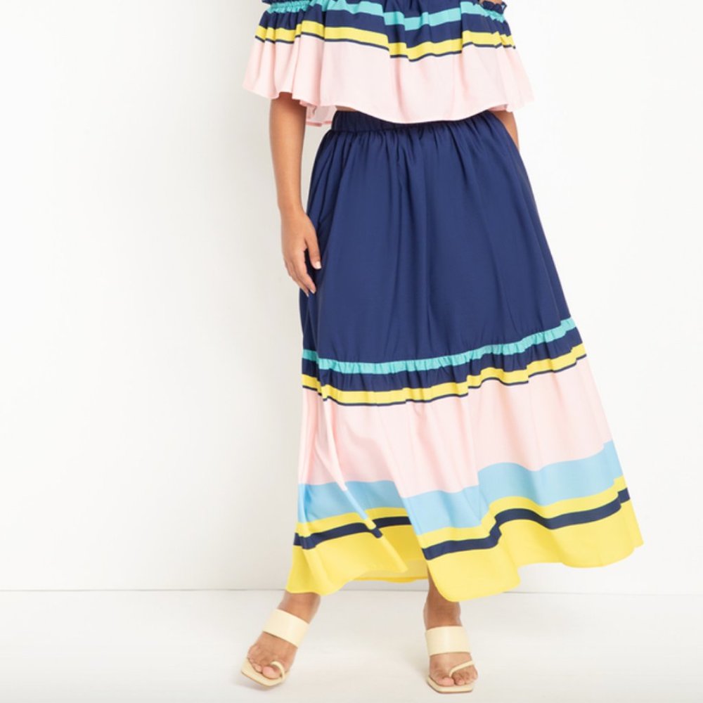 ELOQUII NWT Women’s Size 18/20 Colorblock Maxi Skirt Stripe navy blue pink - Picture 1 of 7
